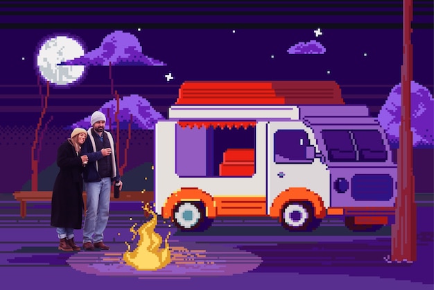 Photo gratuite effet pixel art numérique de personnes avec camping-car