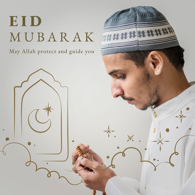 Photo gratuite eid mubarak publication sur les réseaux sociaux avec salutation
