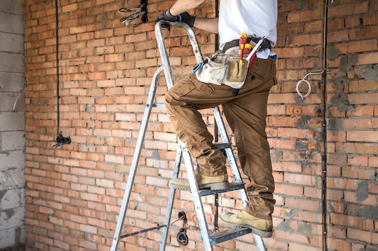 Photo gratuit électricien avec des outils, travaillant sur un chantier de construction. concept de réparation et de bricoleur.