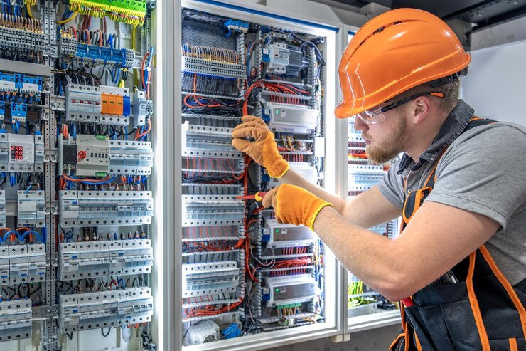 Photo gratuit électricien de sexe masculin travaillant dans le panneau électrique électricien de genre masculin en combinaison