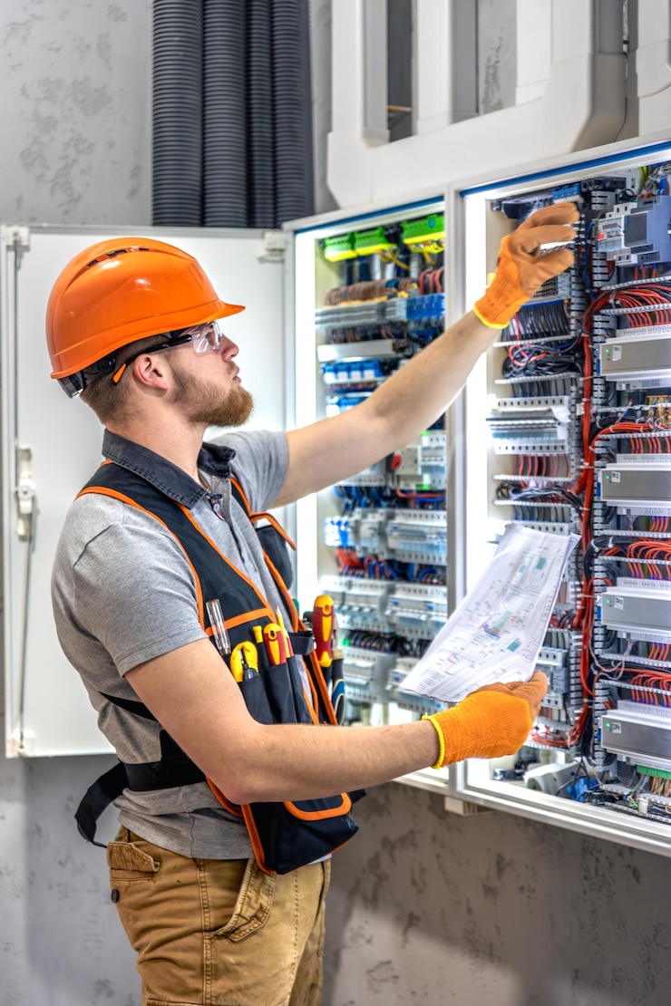 Photo gratuit électricien de sexe masculin travaillant dans le panneau électrique électricien de genre masculin en combinaison
