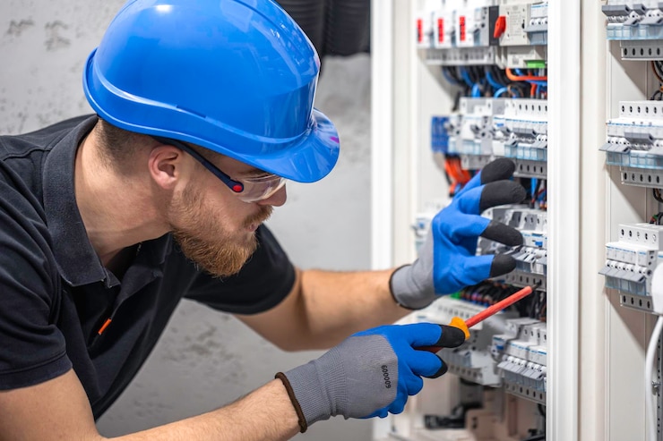Photo gratuit un électricien travaille dans un central électrique avec un câble de connexion électrique