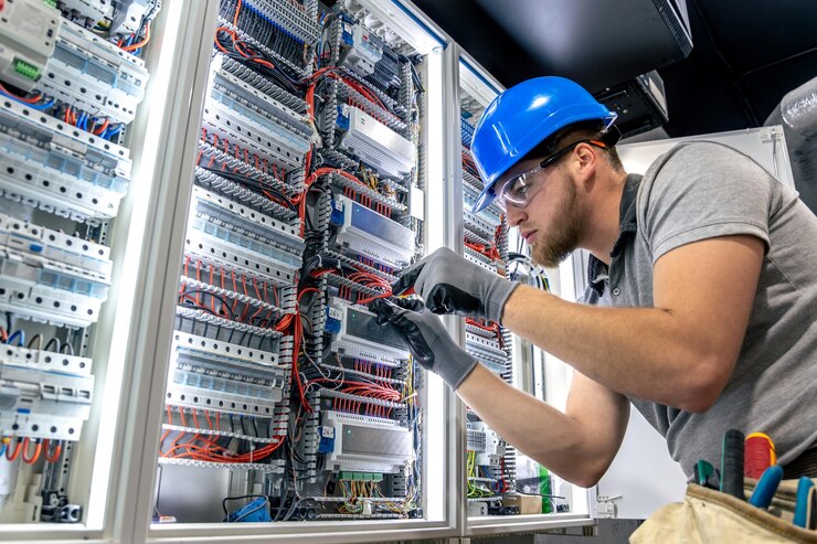 Photo gratuit électricien en uniforme travaillant dans un central électrique