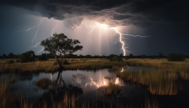 Photo gratuite l'électricité crépite à travers le paysage rural sombre et orageux au crépuscule généré par l'ia