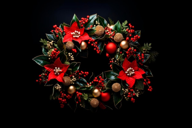 Photo gratuite une élégante couronne de gui de noël avec des poinsettias et des boules dorées sur un fond noir