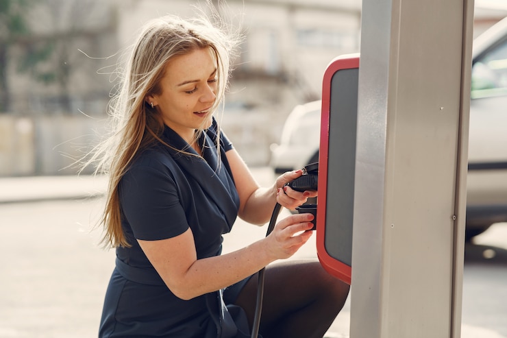 Photo gratuit élégante femme debout sur une station-service