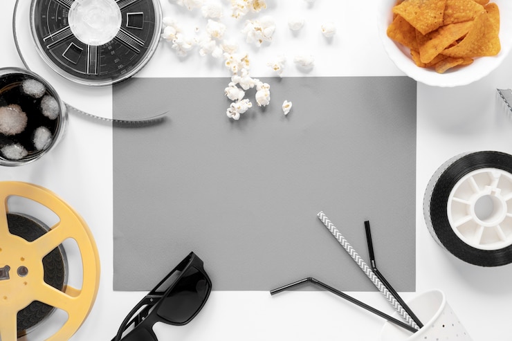 Photo gratuit éléments de film sur fond blanc avec une carte vide grise