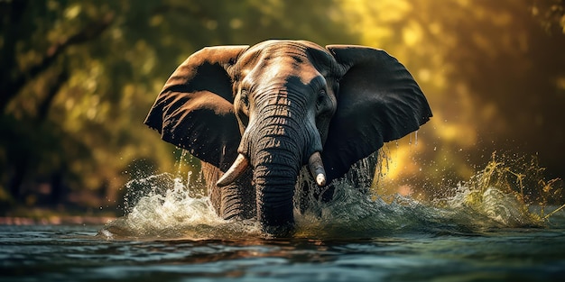 Photo gratuite un éléphant pulvérise joyeusement de l'eau avec sa trompe se refroidissant dans un habitat de rivière luxuriant
