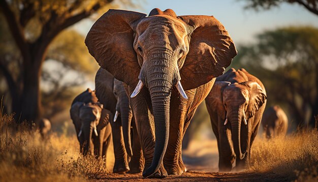 Des éléphants marchant dans le désert africain une scène de coucher de soleil tranquille générée par l'intelligence artificielle