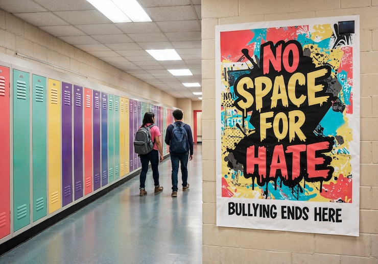 Photo gratuit des élèves marchent dans le couloir de l'école sans place pour les affiches de haine.