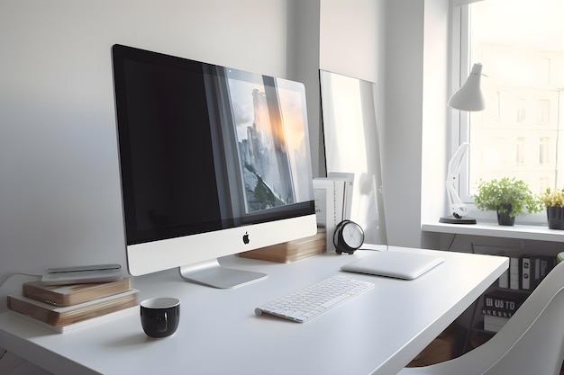 Photo gratuite emplacement de travail avec ordinateur et tasse de café dans un bureau moderne rendering 3d