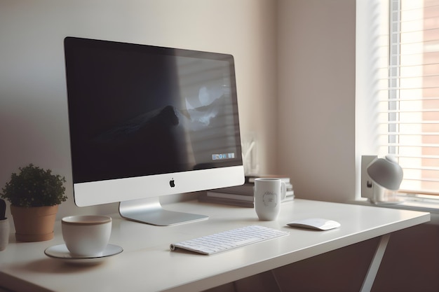 Photo gratuite emplacement de travail avec ordinateur et tasse de café sur la table de rendu 3d