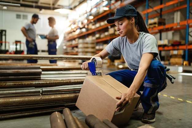 Photo gratuite employé d'entrepôt féminin enregistrant une boîte en carton avec un distributeur de ruban adhésif avant l'expédition