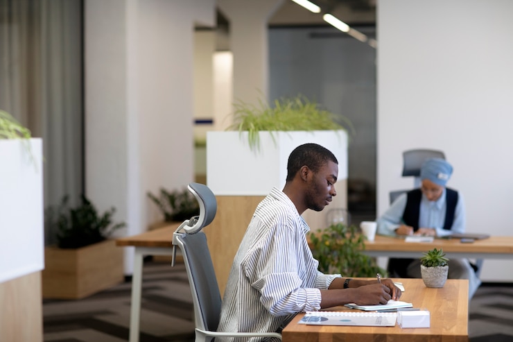 Photo gratuit employé masculin à son nouveau travail de bureau