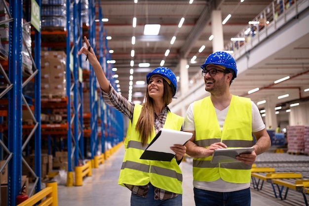 Les employés d'entrepôt en uniforme de protection marchant dans un grand centre de distribution organisant la distribution des marchandises