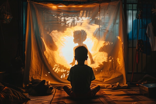 Un enfant adorable jouant avec des ombres.