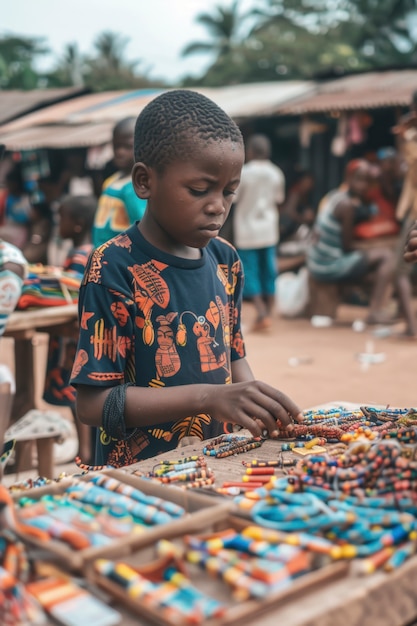 Photo gratuite un enfant africain sur un marché