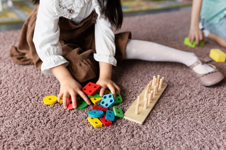 Photo gratuit enfant à angle élevé jouant avec des jouets colorés