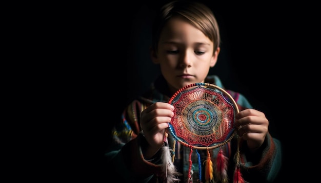 Photo gratuite un enfant autochtone tient une plume souriant à la caméra générée par l'ia