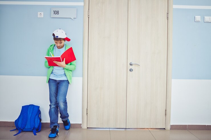 Photo gratuit enfant avec bouchon à faire ses devoirs
