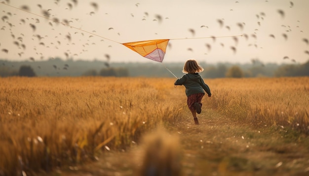 Un enfant caucasien vole joyeusement un cerf-volant dans un pré d'automne généré par l'IA