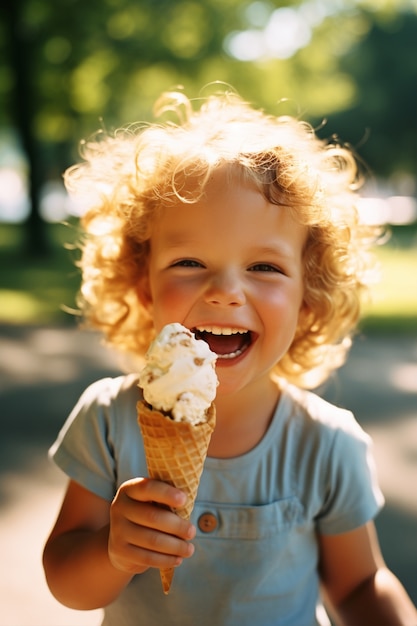 Photo gratuite enfant à coup moyen tenant une délicieuse crème glacée