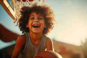 Photo gratuite enfant à faible angle jouant au basket-ball