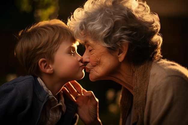 Enfant et grand-mère vue de côté