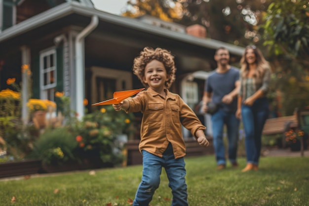 Photo gratuite un enfant jouant avec un avion en papier.