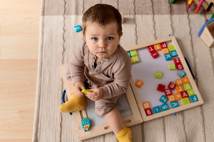 Photo gratuit un enfant jouant avec des jouets en bois colorés.
