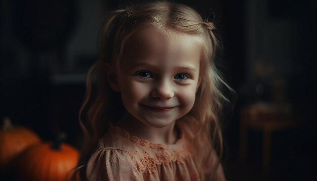 Photo gratuite un enfant mignon et souriant profitant des festivités d'halloween à la maison générées par l'intelligence artificielle