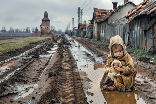 Photo gratuite un enfant photoréaliste dans un camp de réfugiés