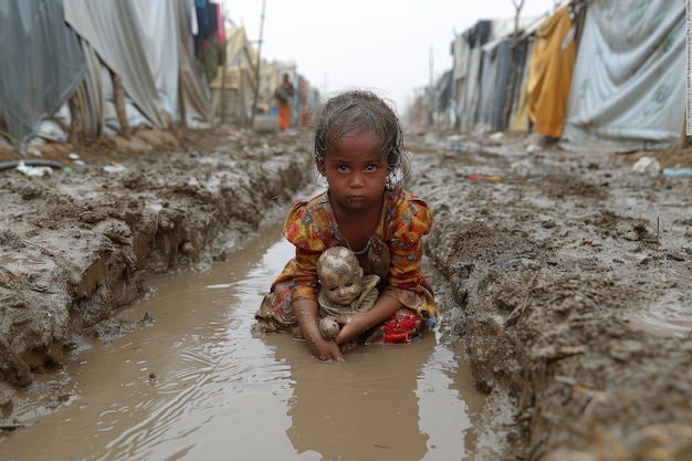 Photo gratuite un enfant photoréaliste dans un camp de réfugiés