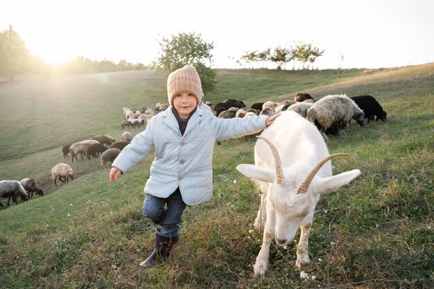 Enfant plein de coups et chèvre mignonne