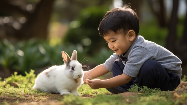 Enfant plein plan jouant avec un chien