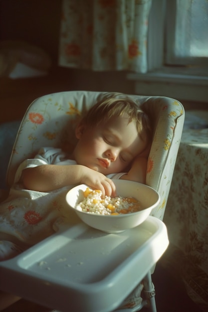 Photo gratuite un enfant qui dort avec de la nourriture.