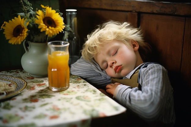 Un enfant qui dort avec de la nourriture.