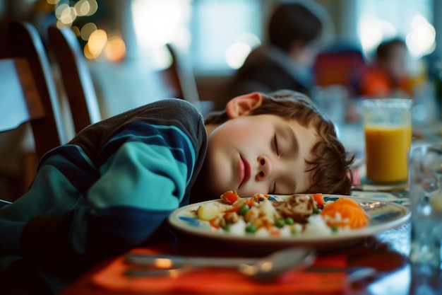 Un enfant qui dort avec de la nourriture.