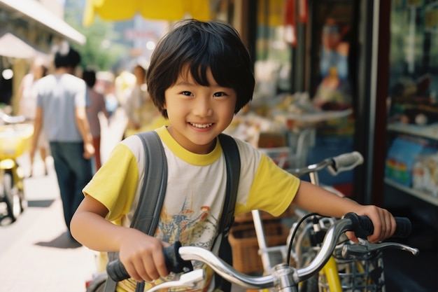 Un enfant qui s'amuse avec des vélos.