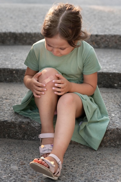 Enfant regardant sa blessure au genou