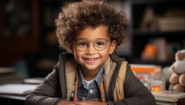 Photo gratuite enfant souriant assis à l'intérieur regardant la caméra apprenant joyeusement généré par l'intelligence artificielle