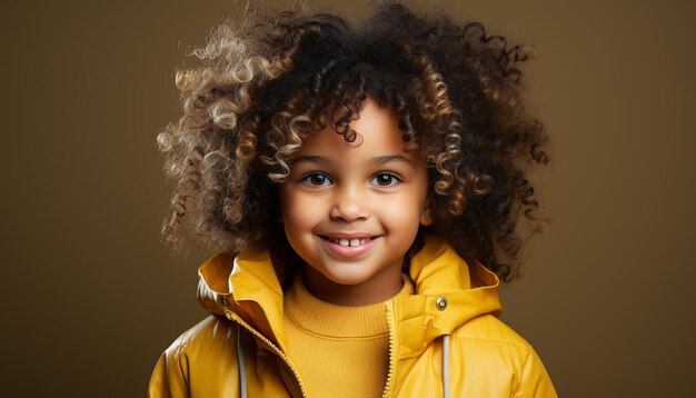 Un enfant souriant aux cheveux bouclés regardant la caméra rayonne de bonheur généré par l'intelligence artificielle