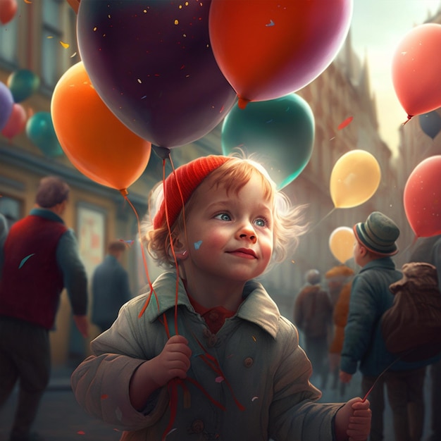 Un enfant tenant des ballons devant un bâtiment journée mondiale des enfants