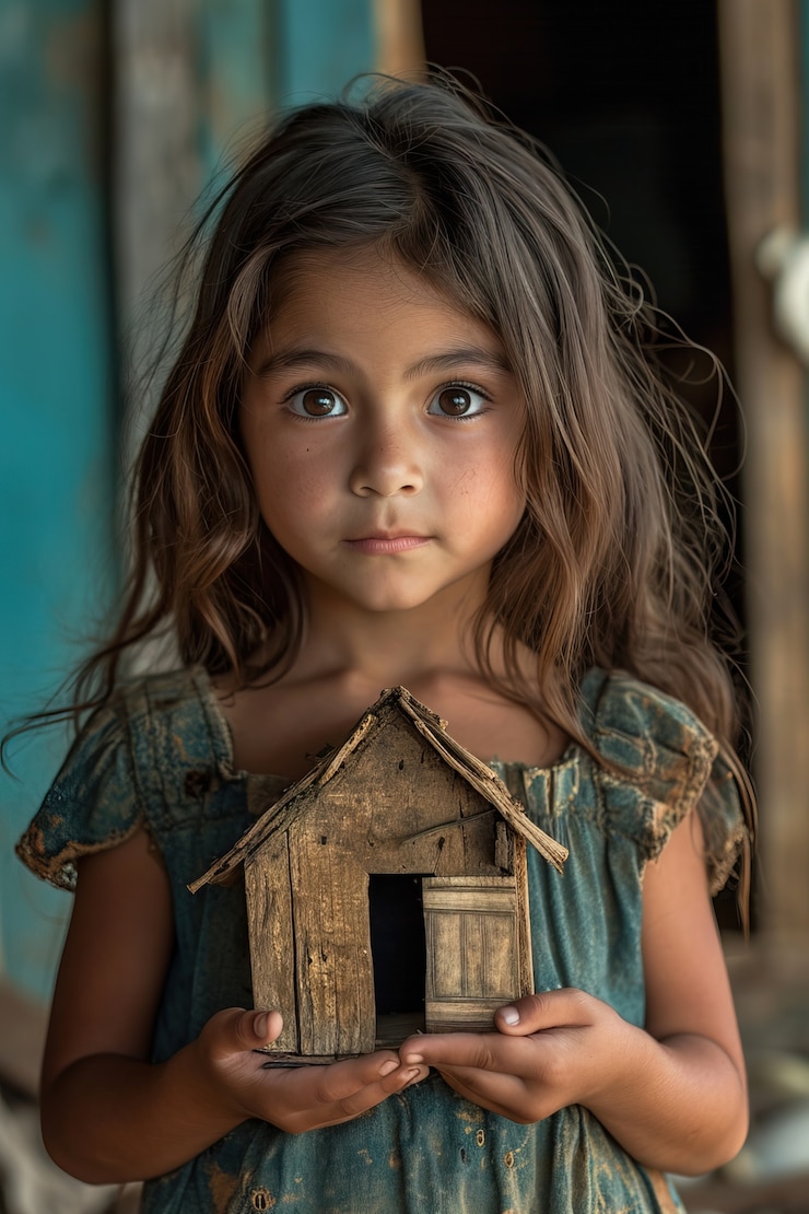 Photo gratuit un enfant tenant une maison de jouets en miniature en bois