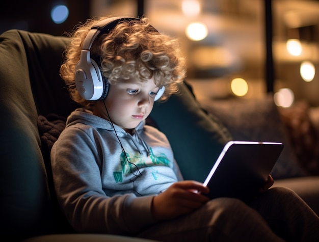 Enfant à tir moyen avec tablette à l'intérieur