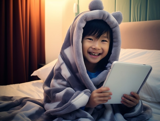 Enfant à tir moyen avec tablette à l'intérieur