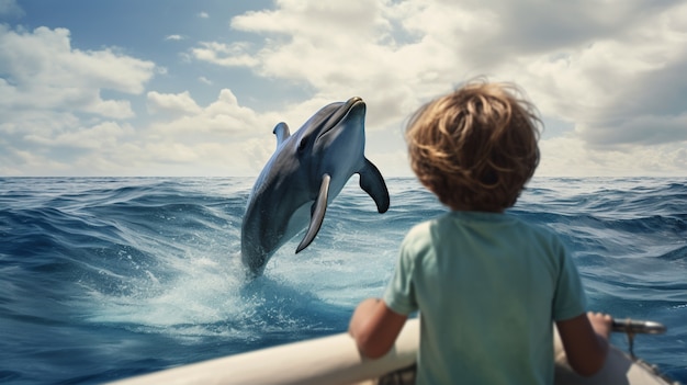 Photo gratuite enfant vue arrière regardant les dauphins nager