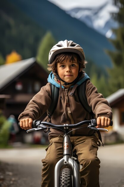 Enfant vue de face sur vélo à l'extérieur