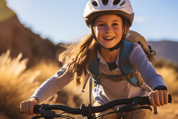 Enfant vue de face sur vélo à l'extérieur