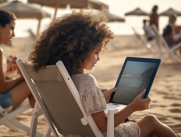 Photo gratuite enfant vue latérale avec tablette sur la plage